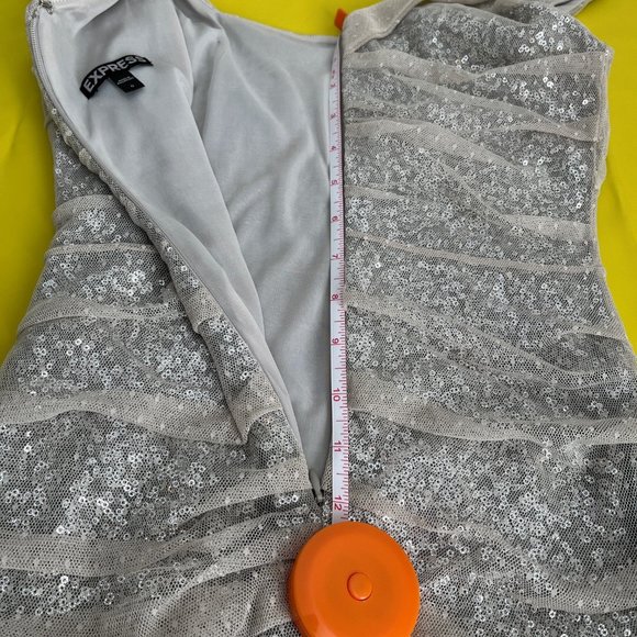Express Sequin Mini Dress with Gathered Polka Dot Mesh Overlay, Size 0 - Picture 11 of 11